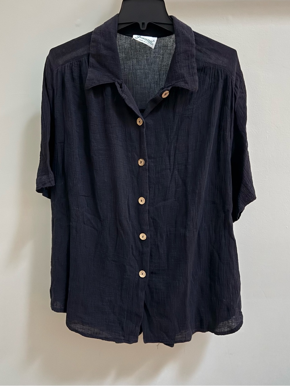 Vintage Joanna Plus Size Black 100% Cotton Crinkle Button Up Blouse Size 18/20